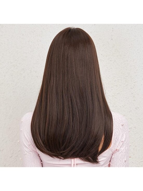 Women\'s Dark Brown Heat Resistant Long Curly Wavy Synthetic Wig Bangs Size 26In main image 5